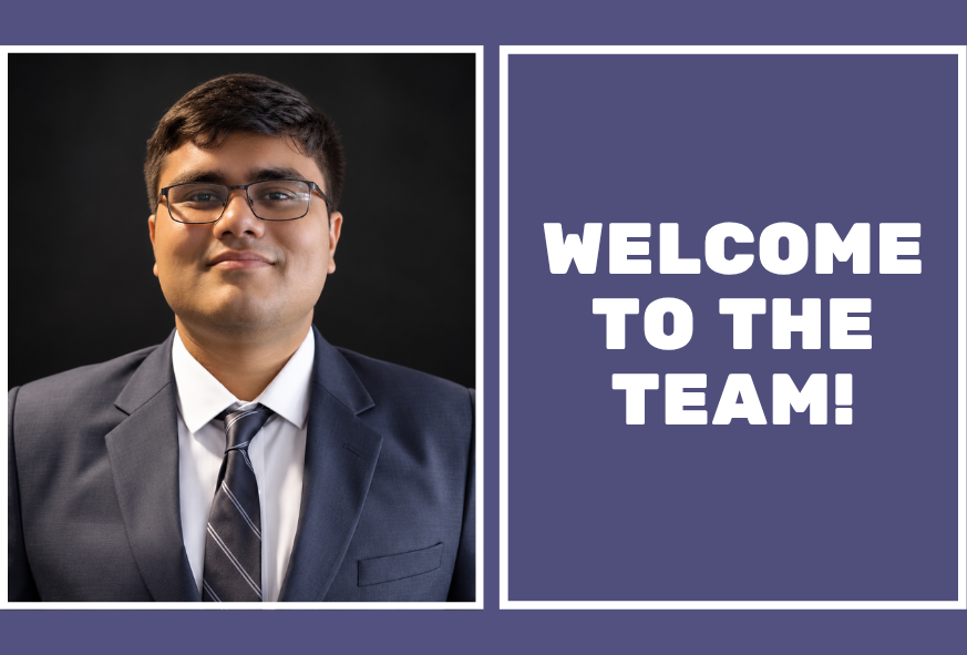 headshot of professional gentleman in suit and glasses with the words "Welcome to the team" in a box on the right